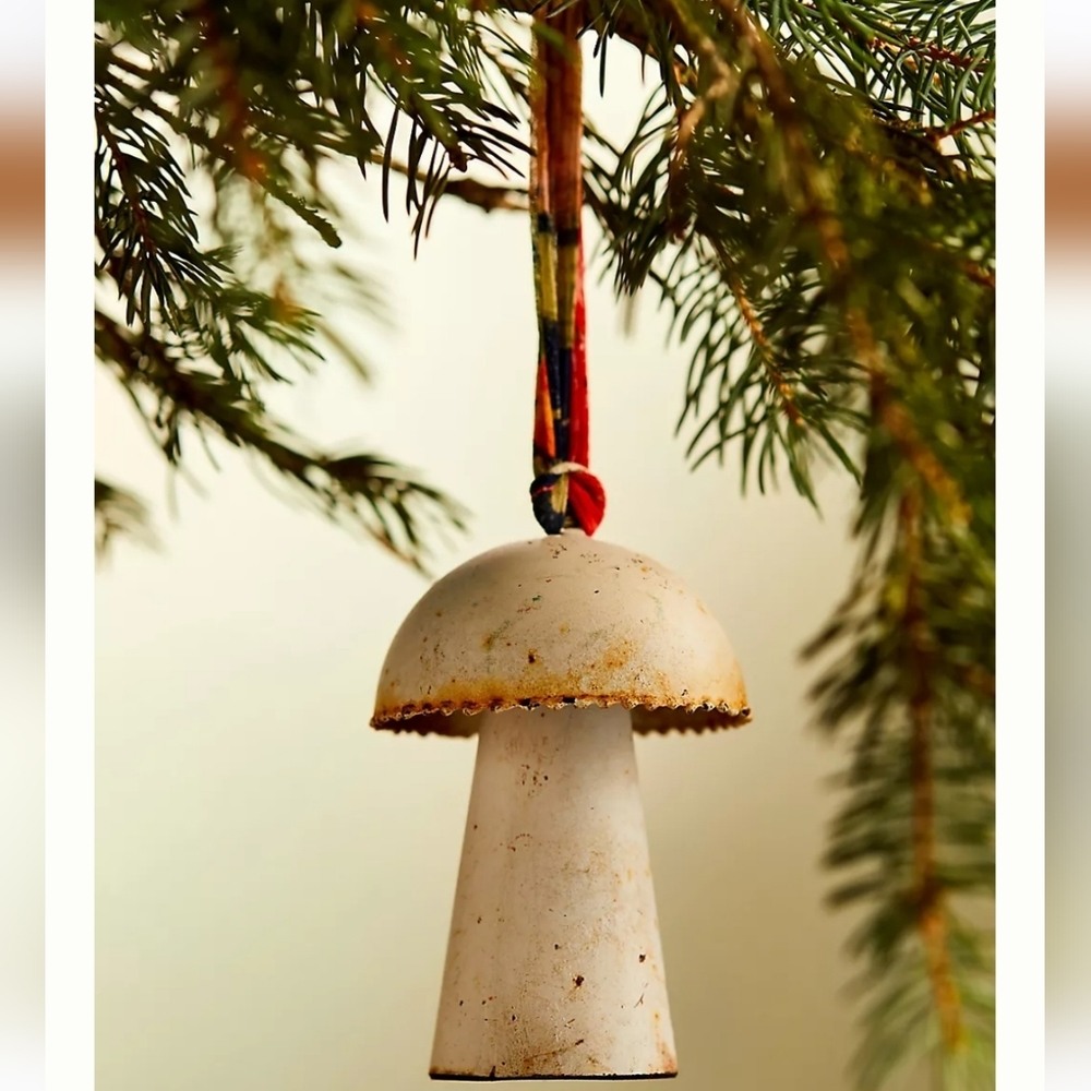Anthropologie Terrain Mushroom Ornament with Sari Ribbon Hanger - white